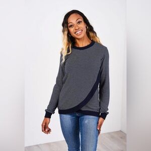 Latched Mama petal front crewneck navy striped nursing top